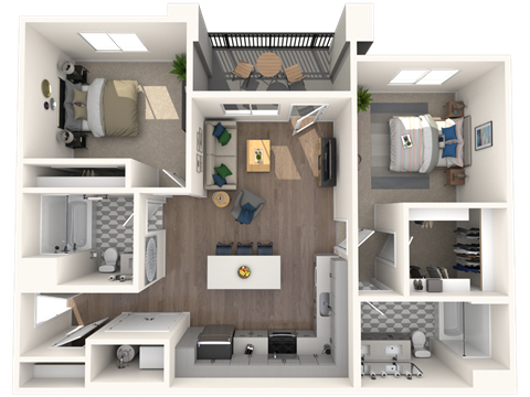 Floor plan for 2 beds, 2 baths, 1030 sqft